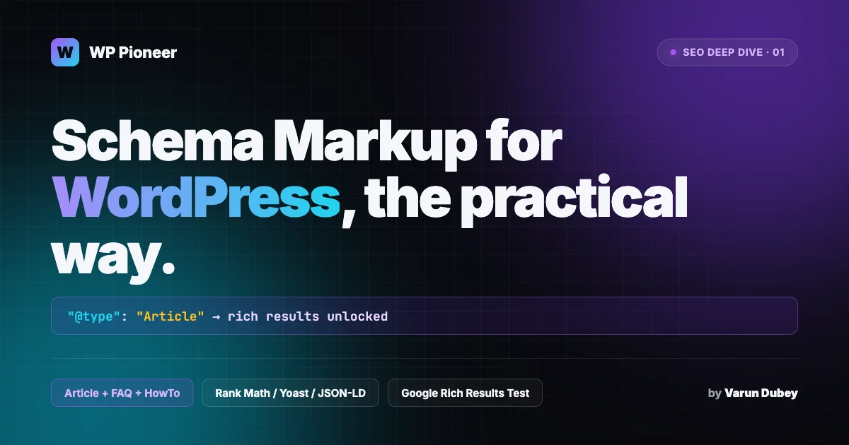 WordPress schema markup guide covering Article, FAQ, HowTo, and Product types with Rank Math, Yoast, and Google Rich Results Test