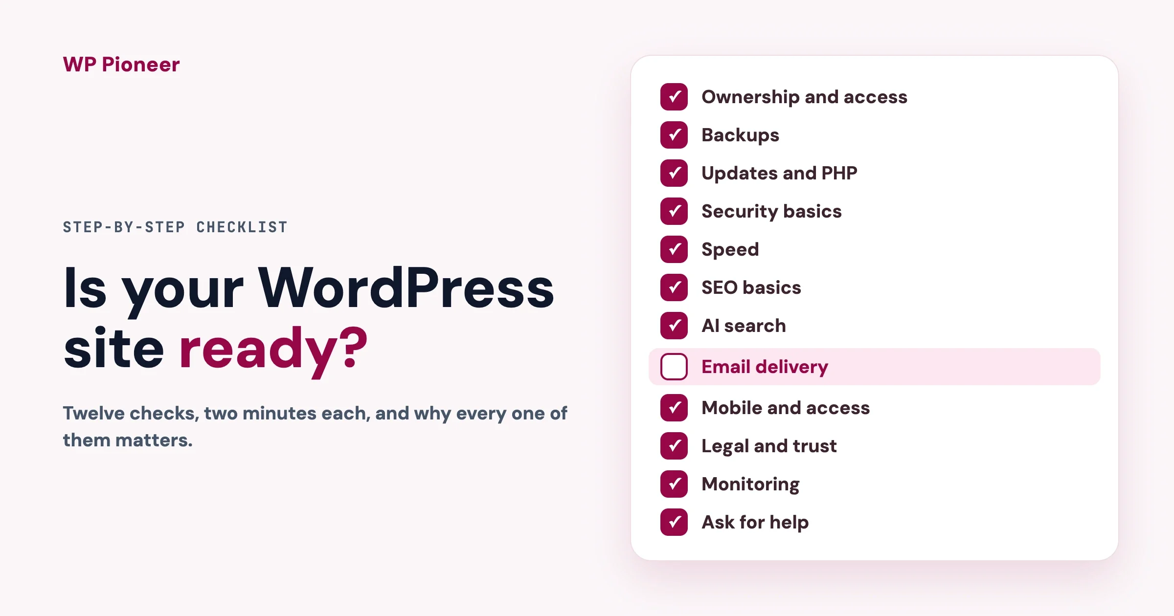 A twelve-item WordPress readiness checklist with eleven items ticked and email delivery still to check