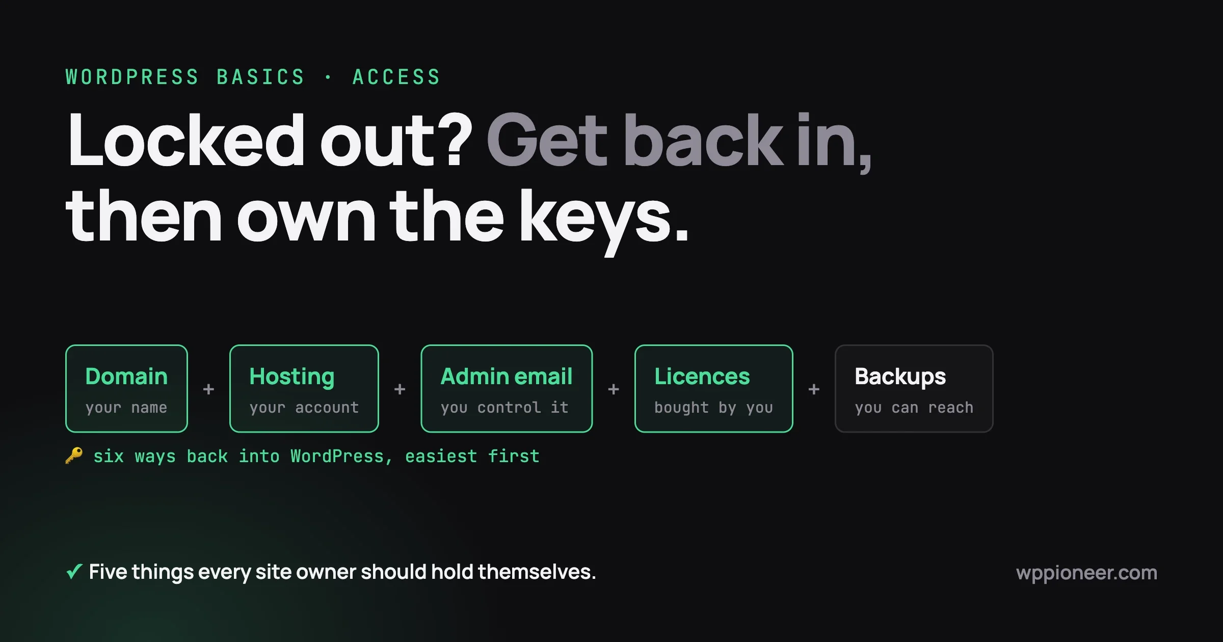 Five things a site owner should hold themselves: domain, hosting, admin email, licences and backups