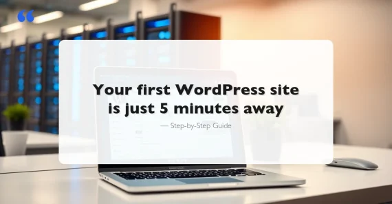 Laptop showing WordPress dashboard installation on a desk with server rack in background