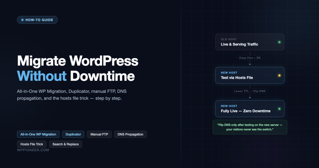WordPress site migration diagram showing zero-downtime migration from old host to new host