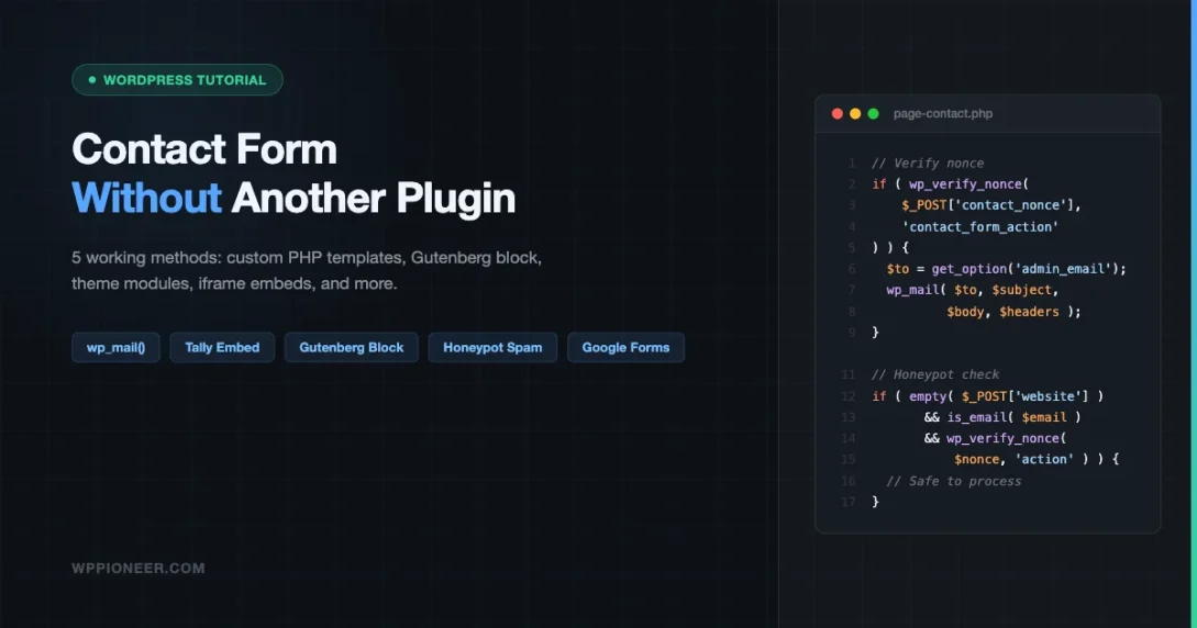 Contact form on WordPress without a plugin - showing PHP code with wp_mail and nonce verification
