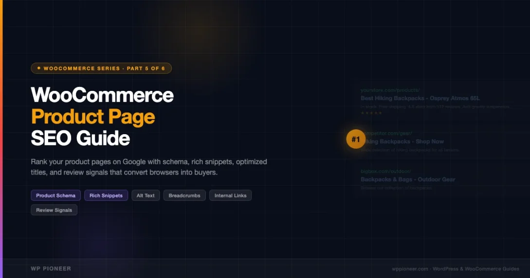 WooCommerce product page SEO guide showing ranked product page with schema markup, star ratings, and rich snippets in Google search results