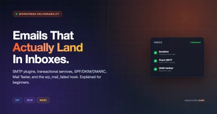 Dark editorial illustration titled Emails That Actually Land In Inboxes with SPF DKIM DMARC chips and inbox preview showing three delivered messages