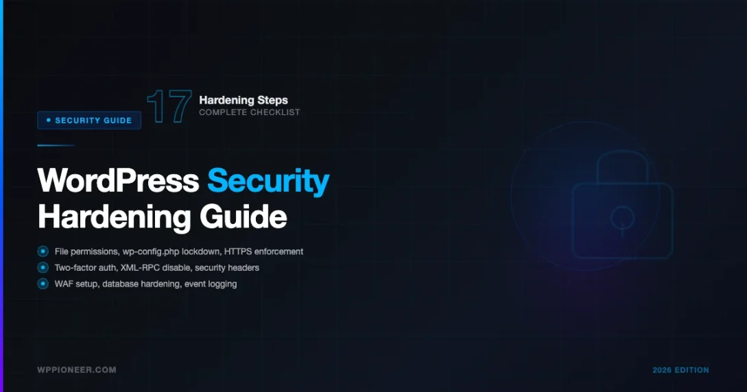 WordPress security hardening checklist showing 17 steps including file permissions, wp-config.php lockdown, two-factor authentication, and WAF setup
