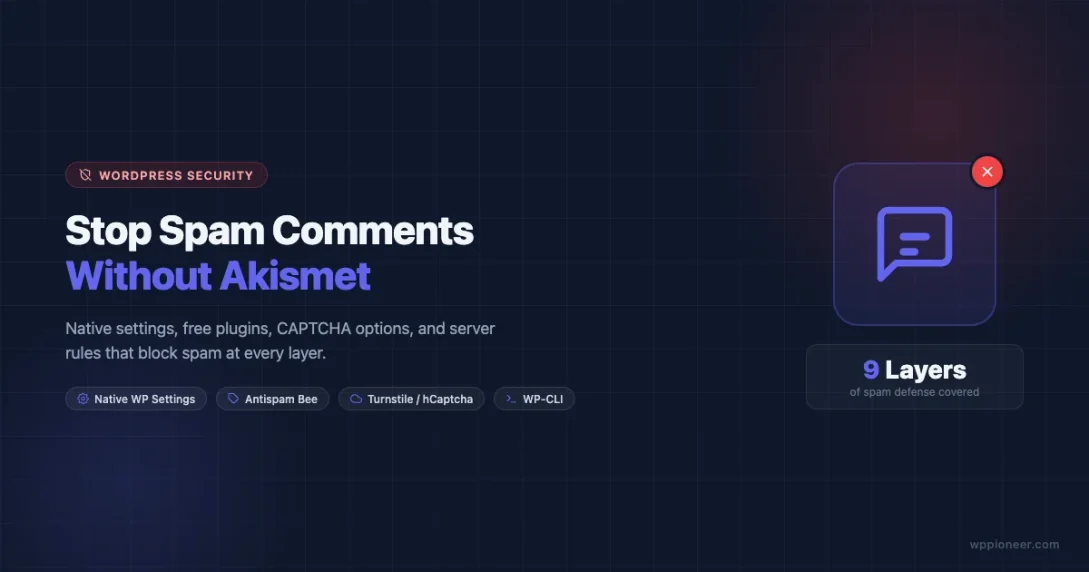 Shield icon with spam comments blocked - How to stop WordPress comment spam without Akismet using native settings, Antispam Bee, Cloudflare Turnstile, and WP-CLI
