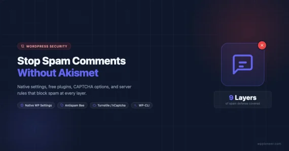 Shield icon with spam comments blocked - How to stop WordPress comment spam without Akismet using native settings, Antispam Bee, Cloudflare Turnstile, and WP-CLI