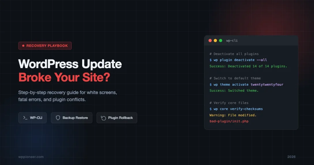 WordPress update breaks site recovery playbook - WP-CLI commands terminal showing plugin deactivation and theme switching steps
