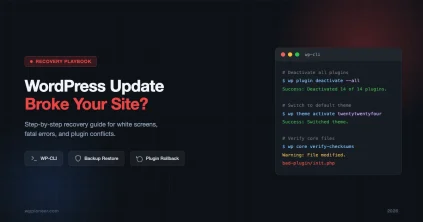 WordPress update breaks site recovery playbook - WP-CLI commands terminal showing plugin deactivation and theme switching steps