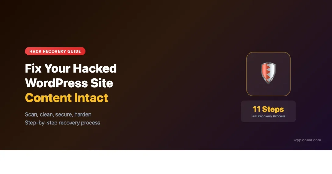 WordPress hack recovery guide showing 11-step process to clean malware, remove backdoors, and secure your site without losing content