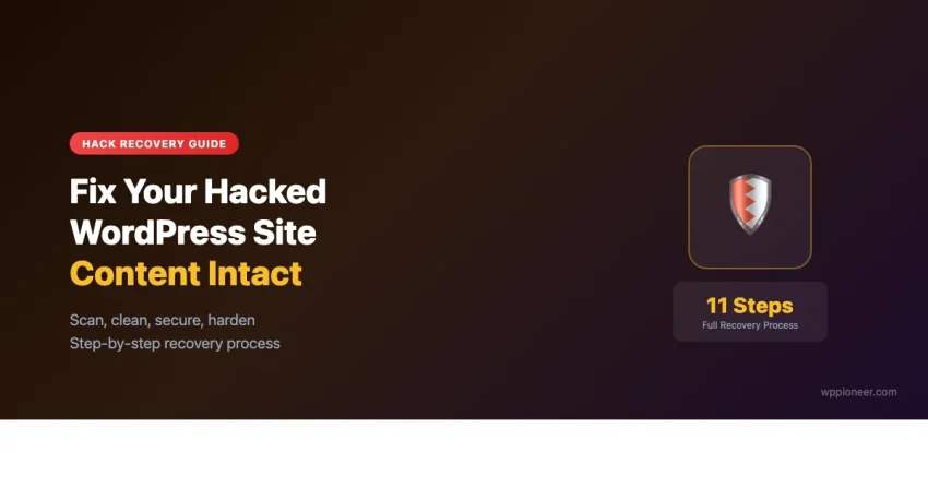 WordPress hack recovery guide showing 11-step process to clean malware, remove backdoors, and secure your site without losing content