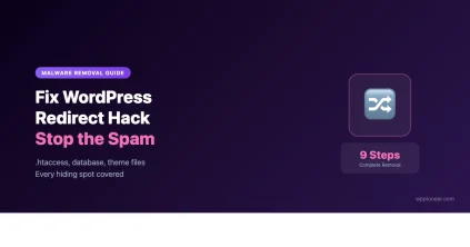WordPress redirect hack removal guide showing 9-step process to find and clean redirect malware from .htaccess, database, and theme files