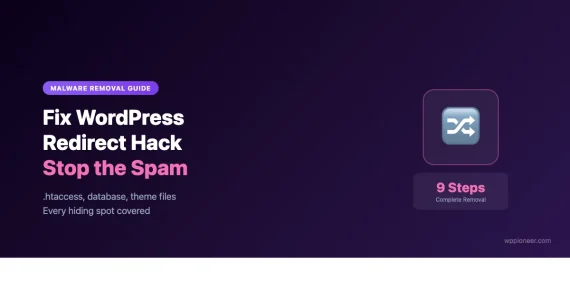 WordPress redirect hack removal guide showing 9-step process to find and clean redirect malware from .htaccess, database, and theme files