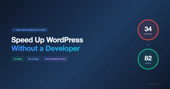 WordPress site speed optimization guide showing PageSpeed score improving from 34 to 82 with 12 steps anyone can do