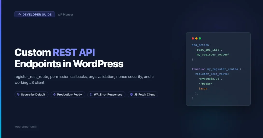 Custom REST API endpoints in WordPress code diagram showing register_rest_route permission_callback and JS fetch client