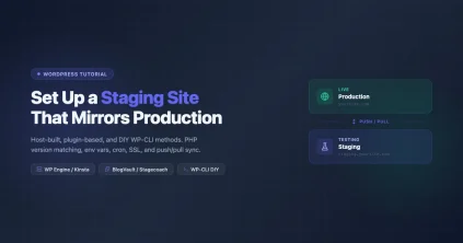 WordPress staging site setup diagram showing production and staging environments with push pull arrows