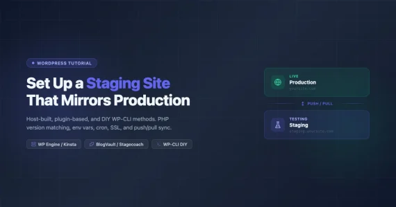 WordPress staging site setup diagram showing production and staging environments with push pull arrows