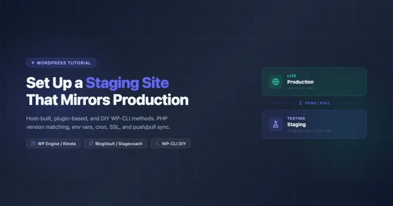 WordPress staging site setup diagram showing production and staging environments with push pull arrows