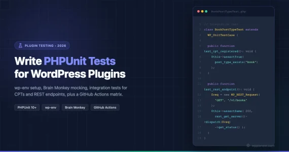 PHPUnit WordPress Plugin Testing tutorial illustration with code and test icons