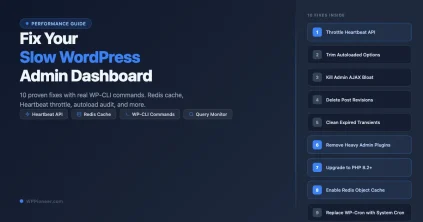 WordPress admin dashboard performance fixes showing speed gauge and WP-CLI terminal commands