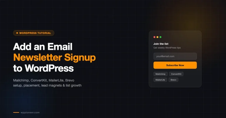Email newsletter signup form mockup for WordPress showing Mailchimp, ConvertKit, MailerLite and Brevo integration options