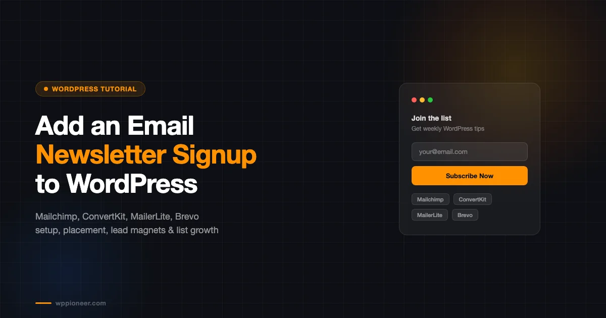 Email newsletter signup form mockup for WordPress showing Mailchimp, ConvertKit, MailerLite and Brevo integration options