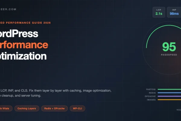 WordPress Performance Optimization and Core Web Vitals guide - showing LCP 2.1s, INP 98ms, CLS 0.04 metrics with PageSpeed score of 95