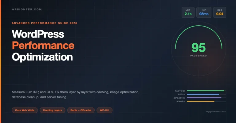 WordPress Performance Optimization and Core Web Vitals guide - showing LCP 2.1s, INP 98ms, CLS 0.04 metrics with PageSpeed score of 95