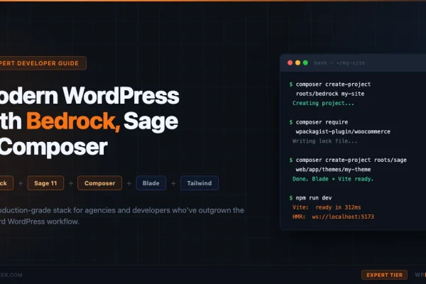 Terminal showing Bedrock and Sage composer commands for modern WordPress development setup
