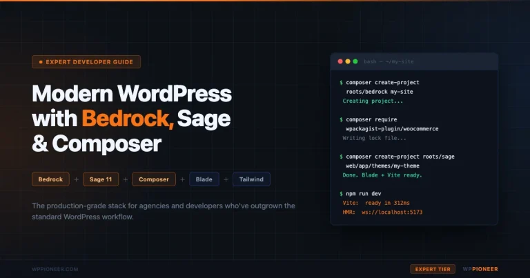 Terminal showing Bedrock and Sage composer commands for modern WordPress development setup