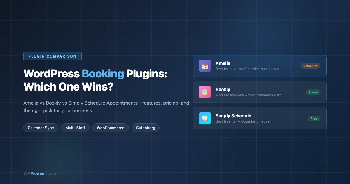 Comparison of WordPress booking plugins: Amelia, Bookly, and Simply Schedule Appointments