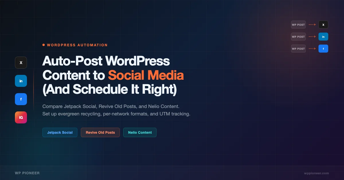 WordPress auto post to social media - plugin comparison showing Jetpack Social, Revive Old Posts and Nelio Content
