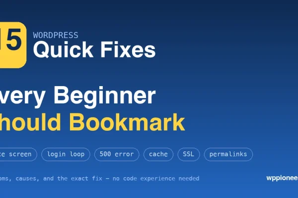 15 WordPress quick fixes for beginners on a blue card with common error chips