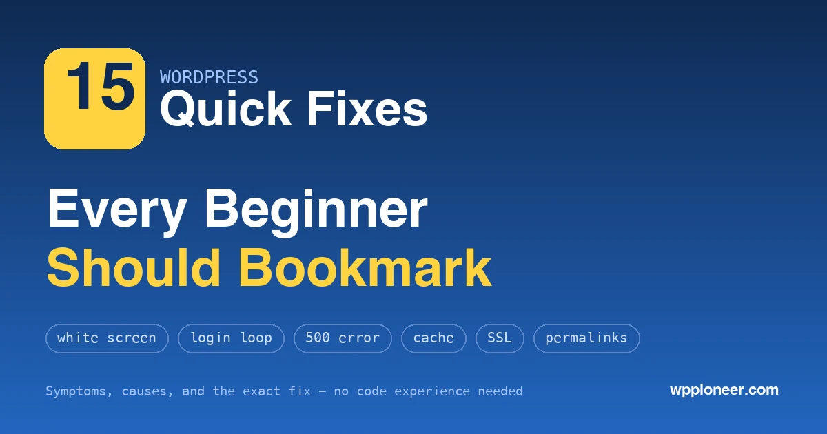 15 WordPress quick fixes for beginners on a blue card with common error chips