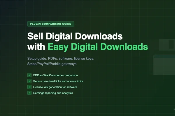 Easy Digital Downloads setup guide for WordPress showing plugin comparison with WooCommerce and key features
