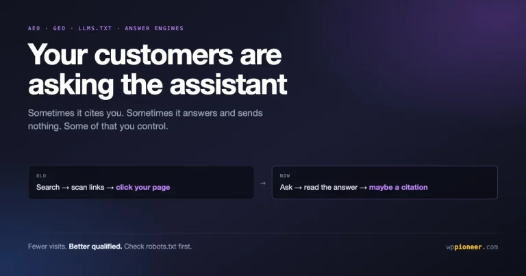 Graphic contrasting the old path of search then scan links then click your page with the new path of ask an assistant then read the answer then maybe get a citation