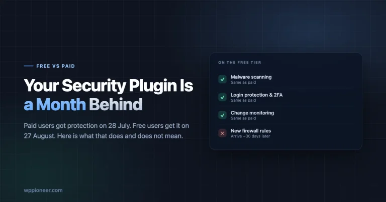 Comparison showing malware scanning, login protection and monitoring are identical on free tiers while new firewall rules arrive about 30 days later