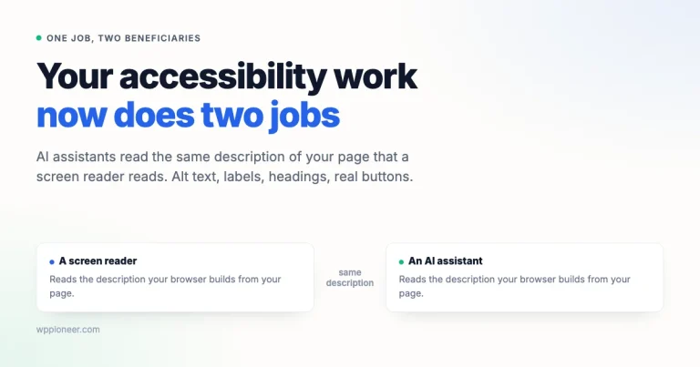 Card reading your accessibility work now does two jobs, with two panels showing that a screen reader and an AI assistant both read the same description your browser builds from your page