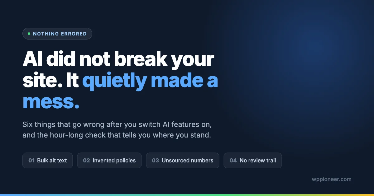 Dark blue card reading AI did not break your site, it quietly made a mess, with four labelled problems: bulk alt text, invented policies, unsourced numbers and no review trail